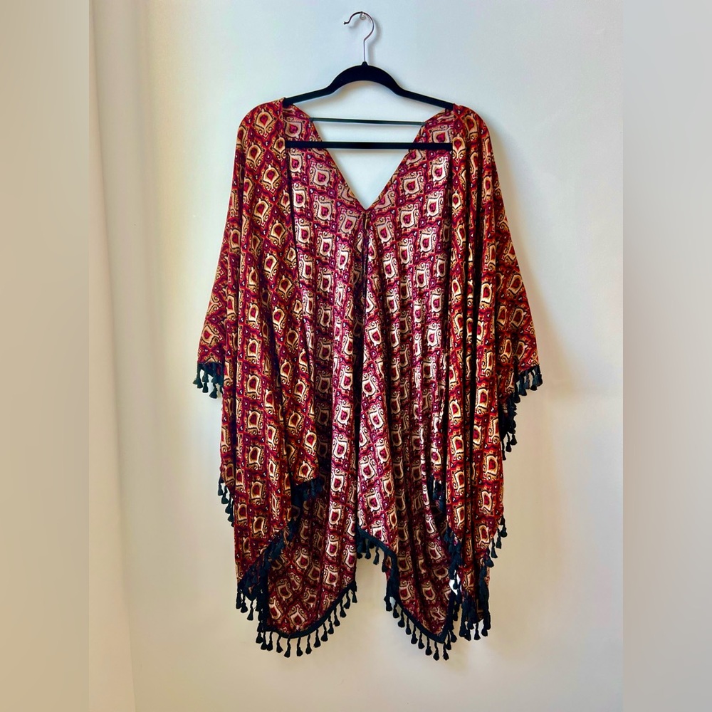 Urban Outfitters Red Patterned Boho Tassel Duster Kimono